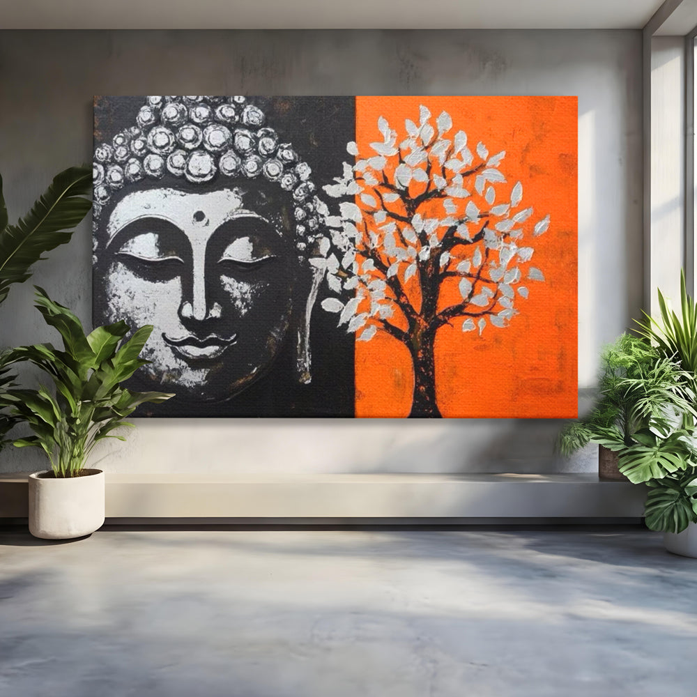 Tablou canvas cu tablou canvas cu capul lui buddha si un copac, fara rama, pe sasiu de lemn